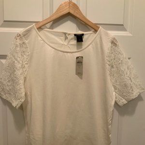 NWT Ann Taylor Ivory Tee Shirt Lace Sleeve Sz L